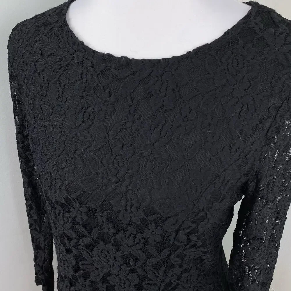 Carmen Marc Valvo Black Lace Long Sleeve Layered Top Medium - Picture 2 of 7